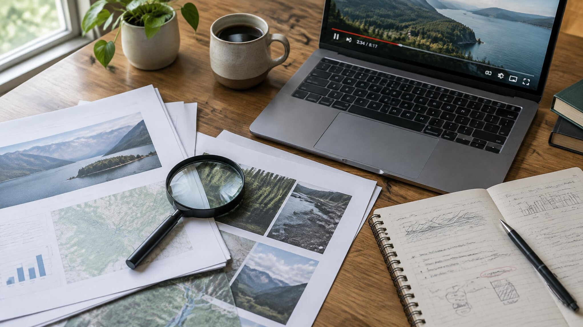 Desk covered with documents, magnifying glass and laptop used for fact-checking research