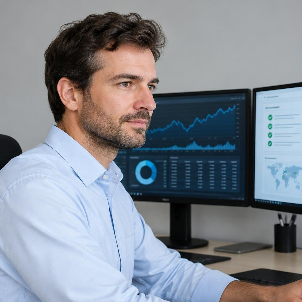 Analyst reviewing data across multiple computer monitors