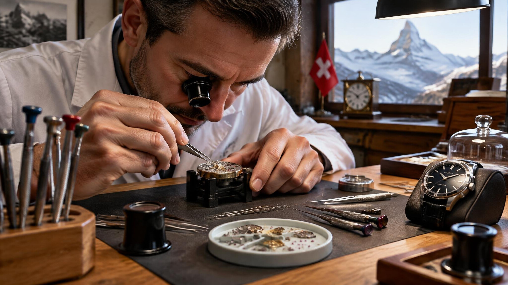 swiss watchmaker at workbench