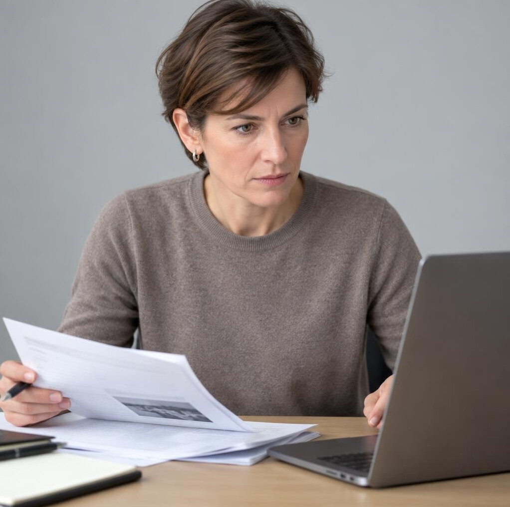 Journalist reviewing printed documents and cross-referencing sources at a desk